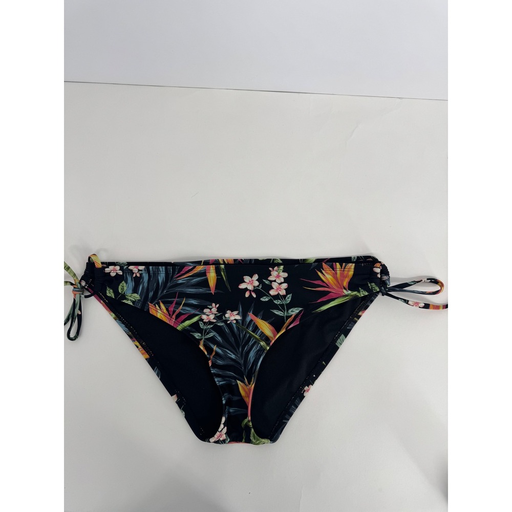 Kona Sol Womens Black Tropical Floral Side Tie Bikini Bottom Bird Paradise Sz. L